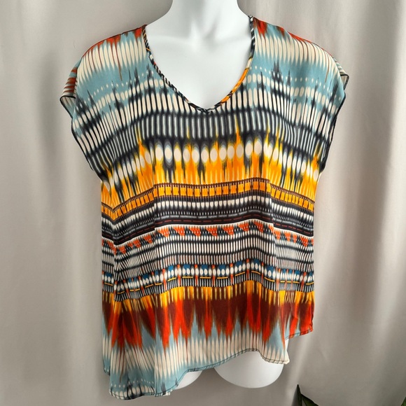 ONE WORLD Tops - One World Asymmetrical Multicolored Boho Print Blouse Size L